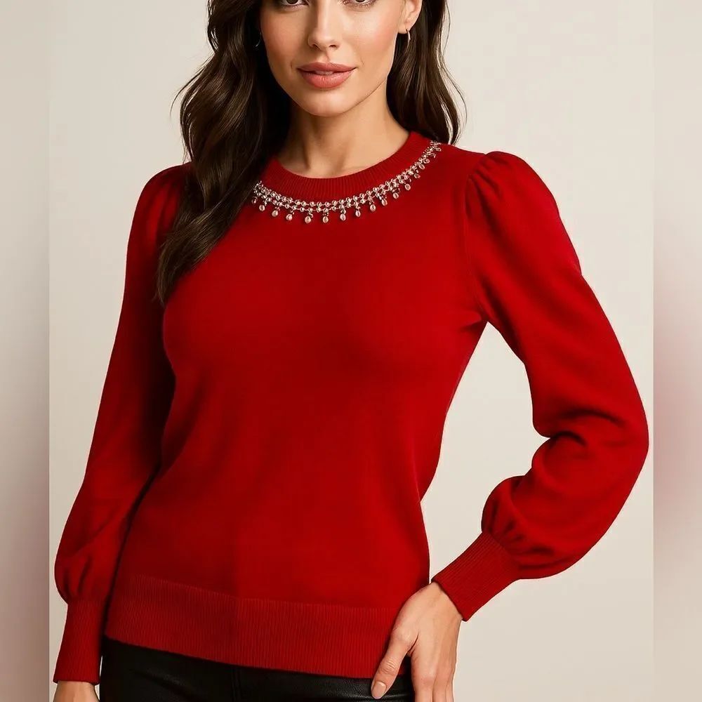 Liz Claiborne Cabaret Red Balloon Sleeve Embellished Neck Sweater